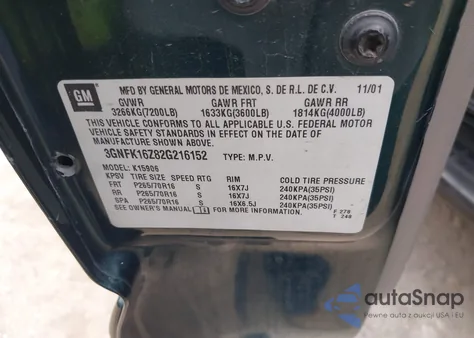 2002 Chevrolet Suburban 1500 Lt из США, поврежденный, VIN 3GNFK16Z82G216152